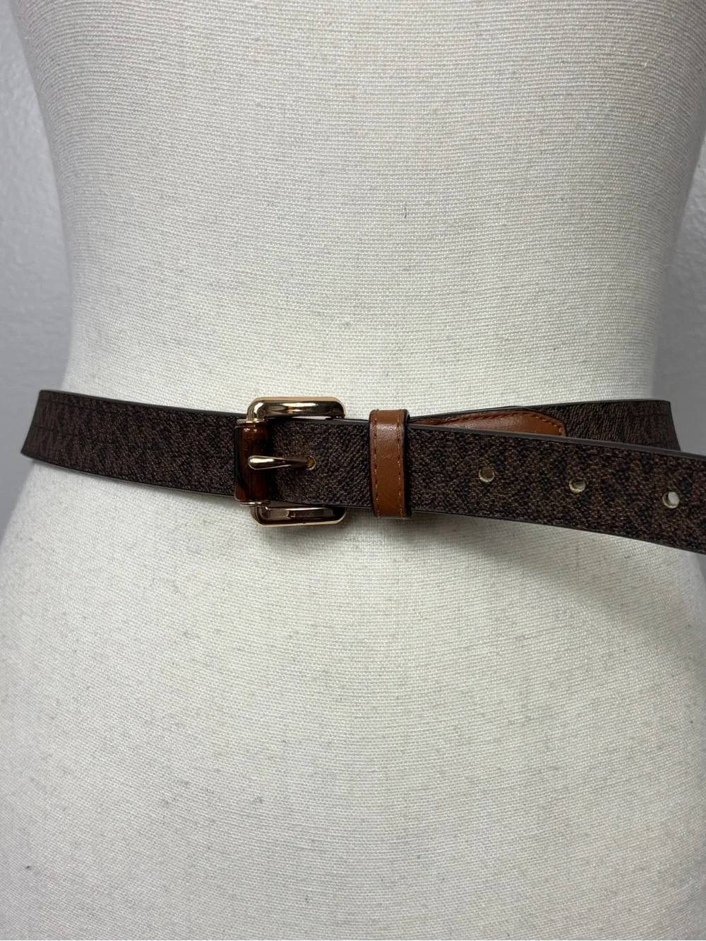 Michael Kors brown Monogram Belt with Gold tone & tortoise shell Buckle sz L
